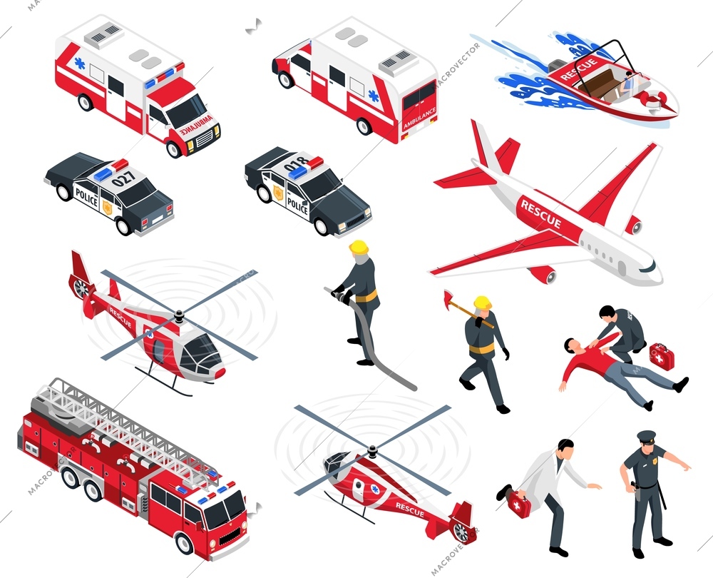 Isometric emergency services set with isolated icons of service cars fire truck helicopter airplane and people vector illustration