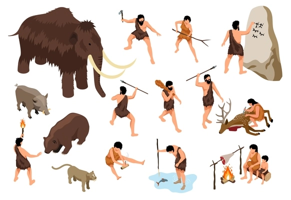 Isometric primitive people set with isolated icons of ancient beasts and first men with labor instruments vector illustration