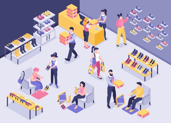 Isometric shoe store composition sales consultants serve customers and help them try on shoes in the store vector illustration