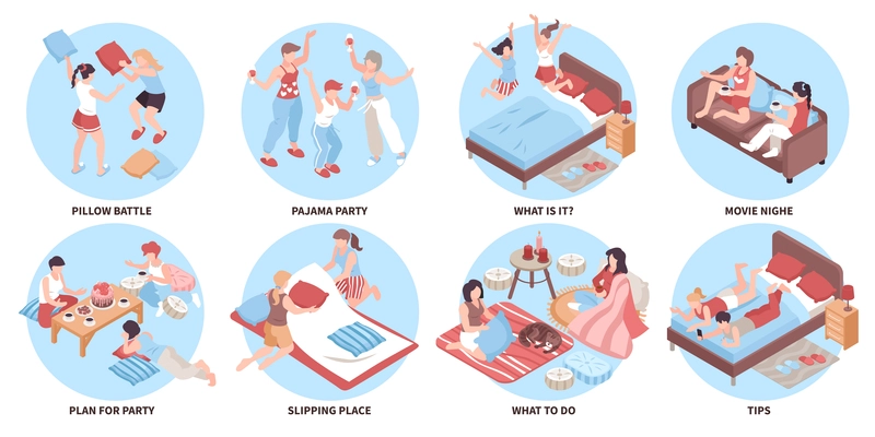 Isometric pajama party sleepover round compositions set with friends wearing pyjamas doing fun activities at home 3d isolated vector illustration