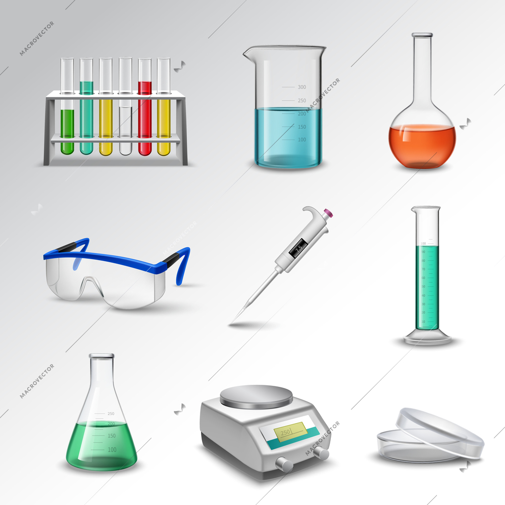 Laboratory glass equipment realistic decorative icons set with flasks beakers and pipette isolated vector illustration