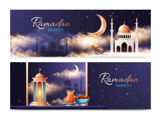 Ramadan kareem muslim holy month celebration 3 banners greeting cards with mosque moon festive food realistic vector illustration