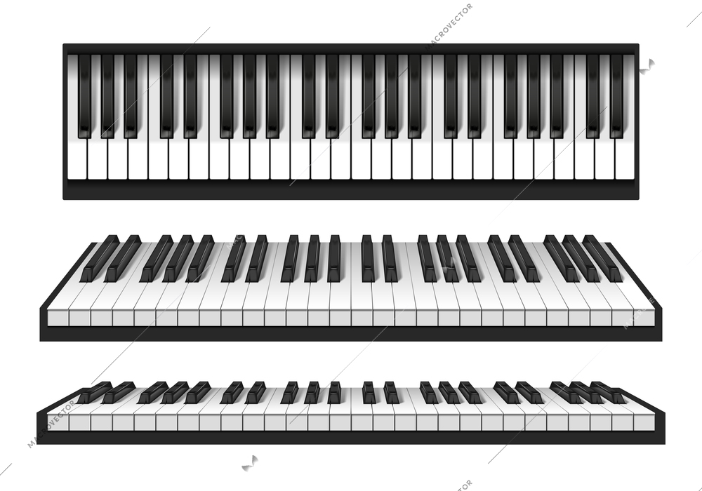 Keyboards of classic piano instrument realistic set isolated on white background vector illustration