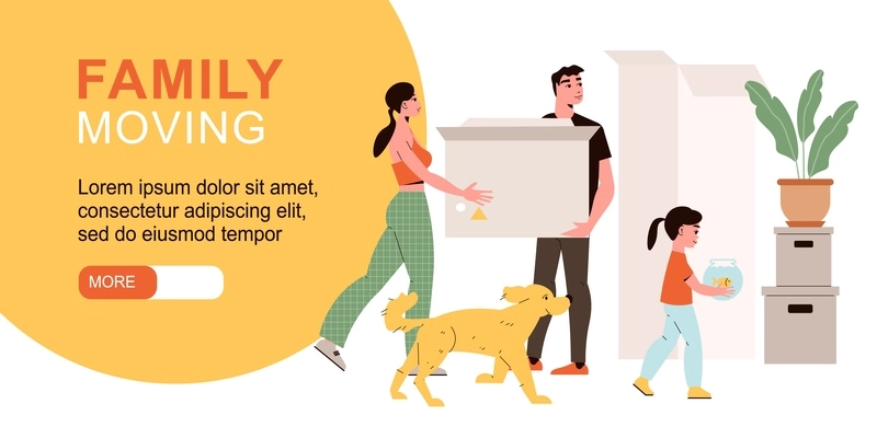 Family moving horizontal banner with parents their daughter and dog relocating to new house flat vector illustration