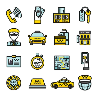 Taxi public passenger transportation business icon set isolated vector illustration