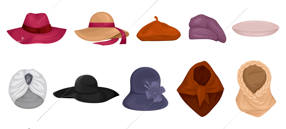 Set with isolated woman hats icons with images of fashionable female hats modern and old fashioned vector illustration