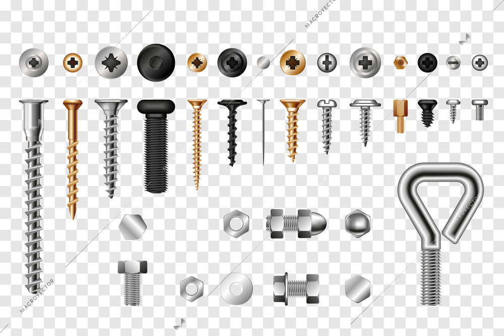 Screws bolts and tools assortment realistic transparent set isolated vector illustration