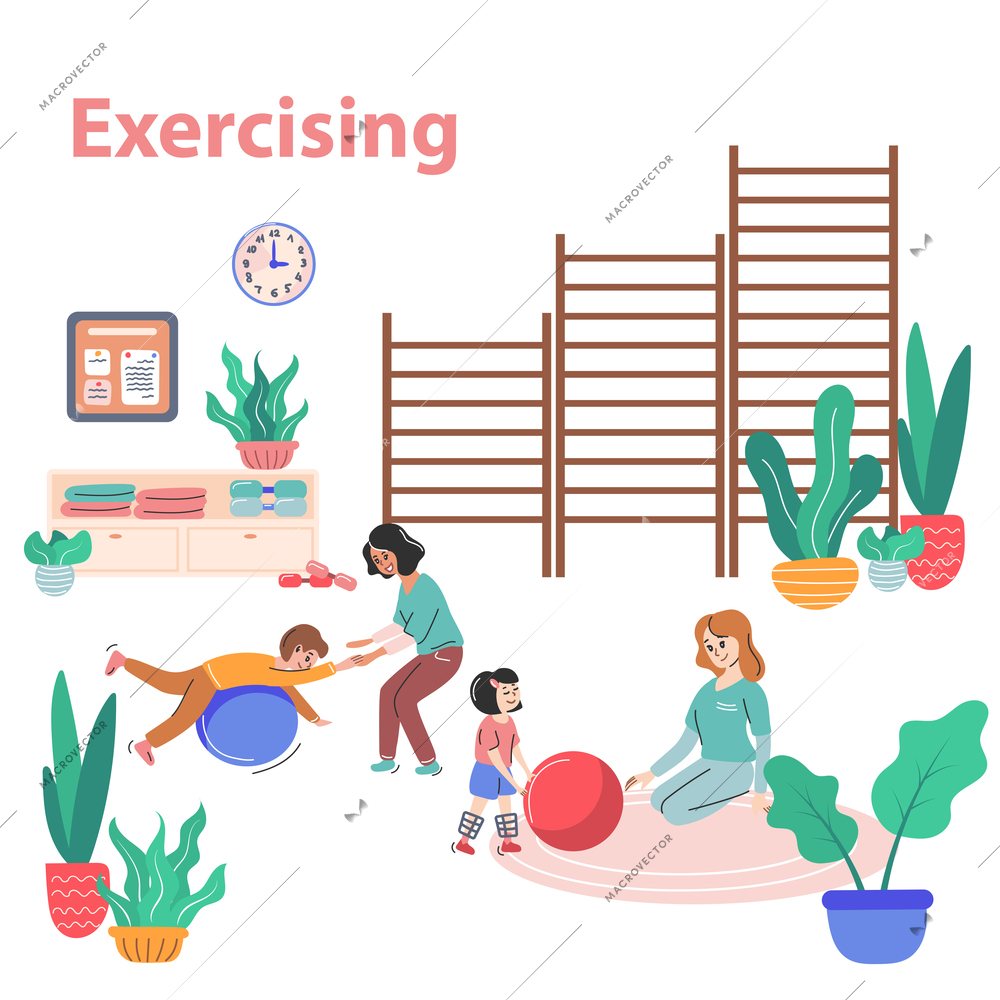 Physiotherapy and exercising composition with healthcare and gymnastics symbols flat vector illustration