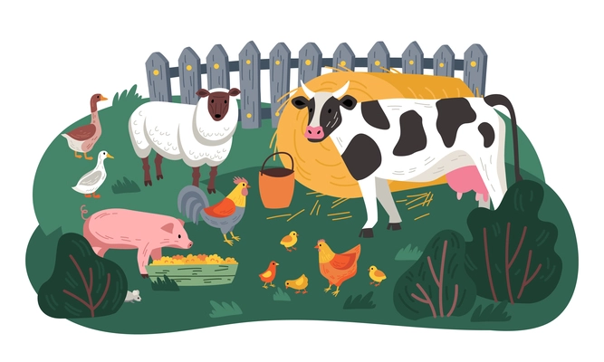 Farm animal composition cow pigs chickens ducks sheep walk on the green lawn vector illustration