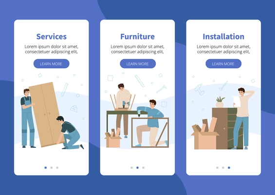 Furniture assembly flat app design with three isolated mobile vertical banners with text buttons and images vector illustration