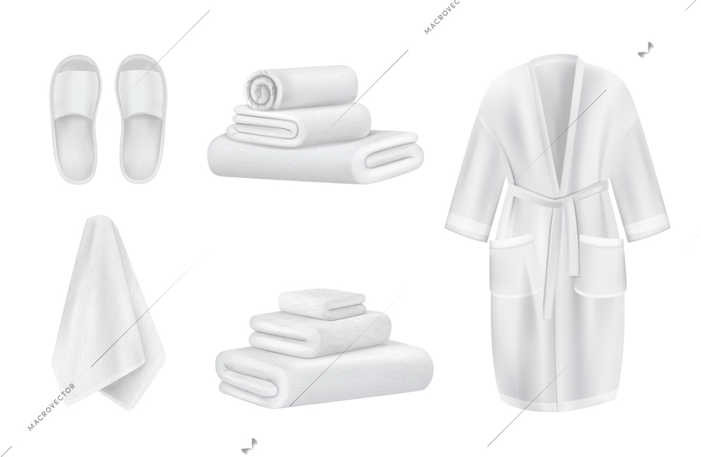 Realistic spa towel clothing white set with isolated images of slippers towel stacks napkins and gown vector illustration