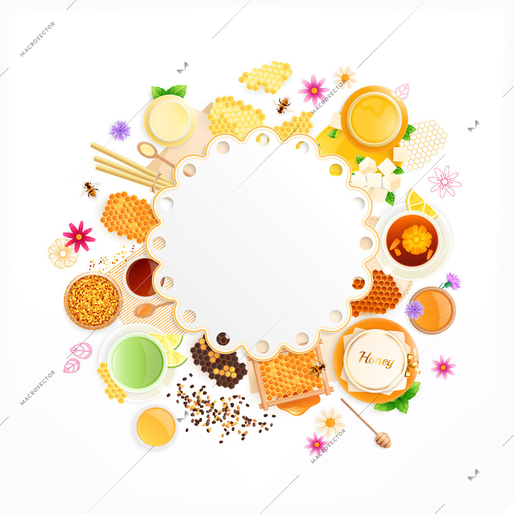 Beekeeping products frame composition with top view of flat honey comb sweets flowers with empty circle vector illustration