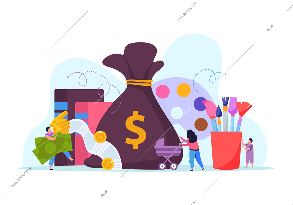 People earning money flat recolor composition with sack of money palette with brushes and human characters vector illustration