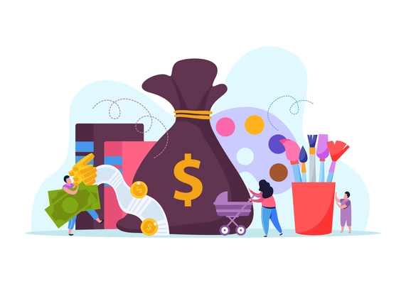 People earning money flat recolor composition with sack of money palette with brushes and human characters vector illustration