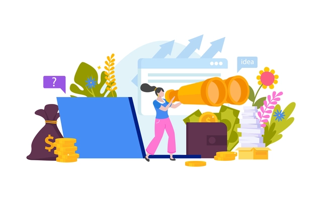 Searching decisions concept flat shopping girls doodle background composition with money computer and woman with binocular vector illustration