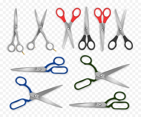 Big realistic set of sewing office hairdresser scissors isolated on transparent background vector illustration