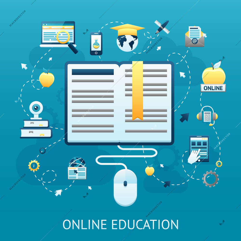 Online education design concept with book and computer mouse vector illustration