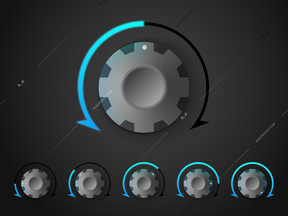 Adjustment dial realistic set of round knobs with blue scale isolated on black background vector illustration