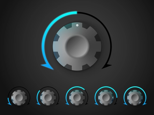 Adjustment dial realistic set of round knobs with blue scale isolated on black background vector illustration