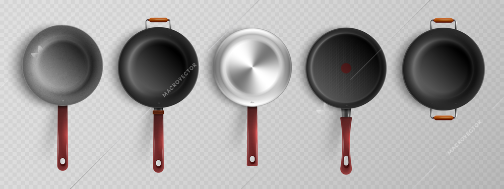 Realistic set of non stick frying pans with handles isolated on transparent background vector illustration