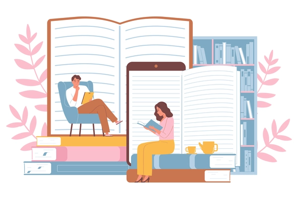 Online library flat composition with little characters of reading woman and man  at opened big books and smartphone images background vector illustration