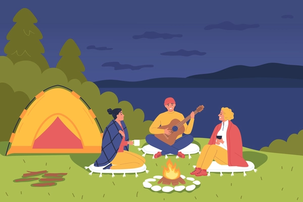 Camping flat color background with people sitting in evening around bonfire with guitar vector illustration