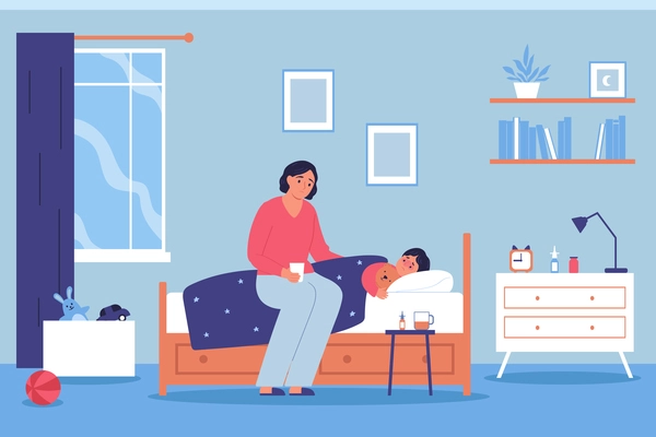 Health care flat background with mother sitting with medication near bed of her sick son vector illustration