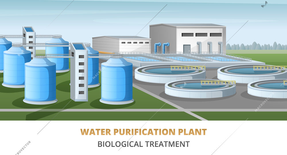 Water purification plant building with cleaning reservoirs and filtration tanks cartoon vector illustration