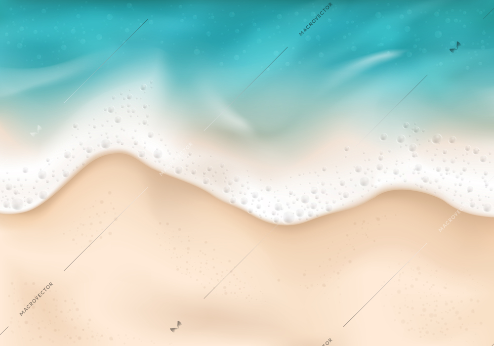 Sea wave foam realistic concept sandy beach on which the tide brought frothy wave vector illustration