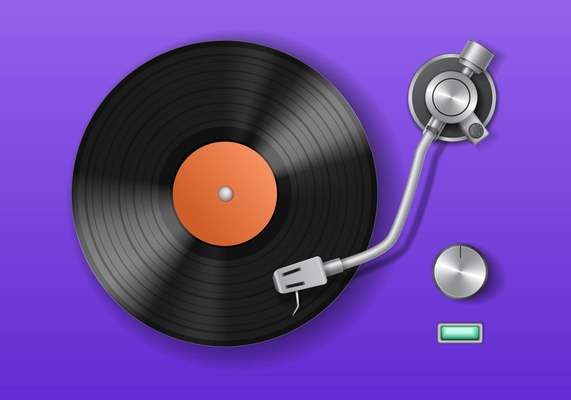 Vinyl record player realistic composition stylish purple record player is on and playing a song vector illustration