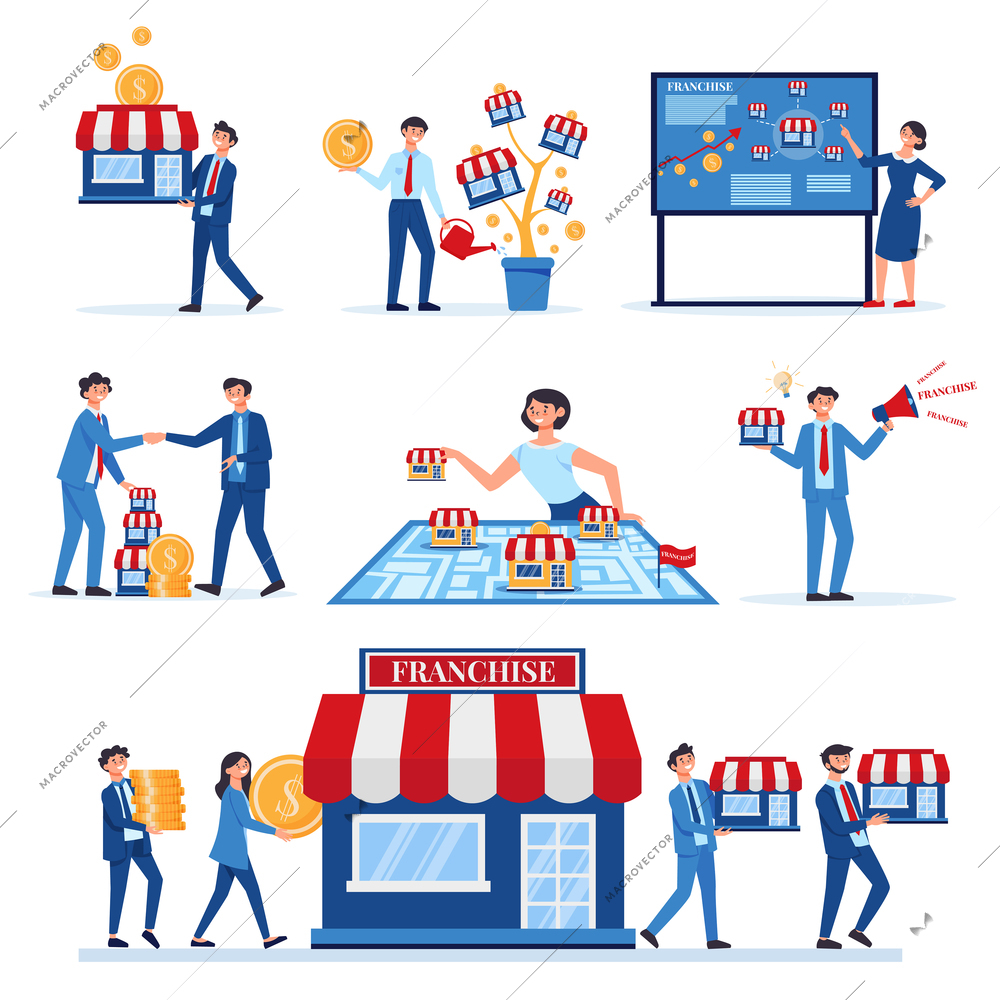 Franchise business set with isolated compositions of storefronts and business people making deals with promotion signs vector illustration