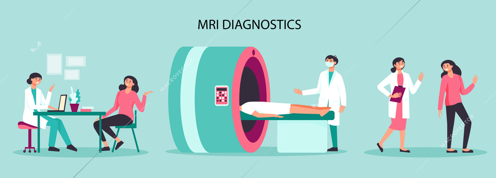 Hospital composition with mri diagnostics view of medical apparatus and flat characters of doctors and patient doctor illustration