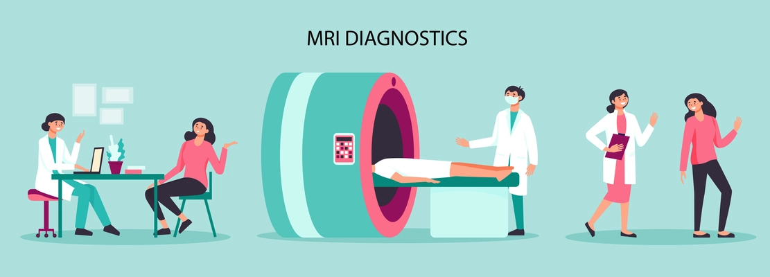 Hospital composition with mri diagnostics view of medical apparatus and flat characters of doctors and patient doctor illustration