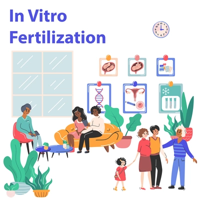 Pregnancy and fertility concept with in vitro fertilization symbols flat vector illustration
