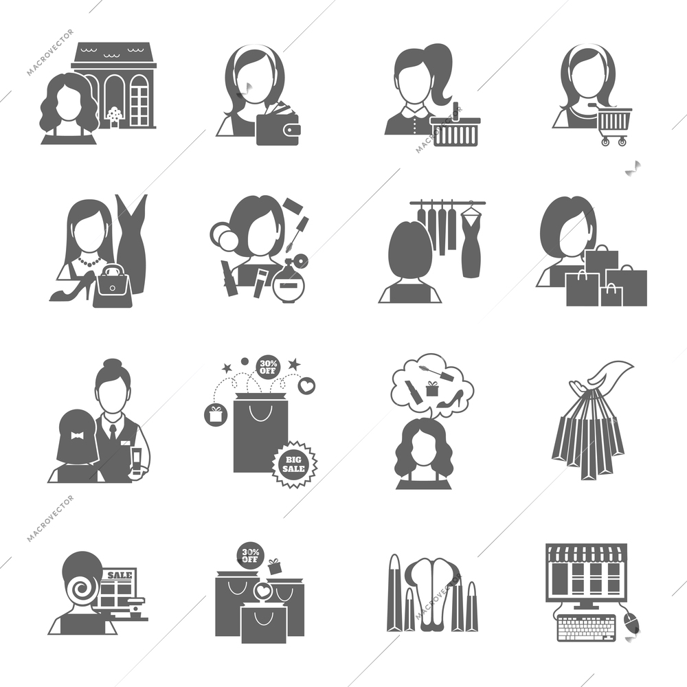 Woman shopping icon black set with glamor girls in clothing and shoes store isolated vector illustration