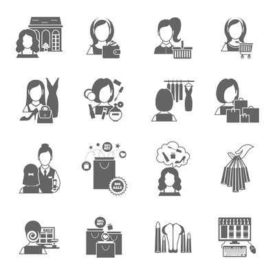Woman shopping icon black set with glamor girls in clothing and shoes store isolated vector illustration