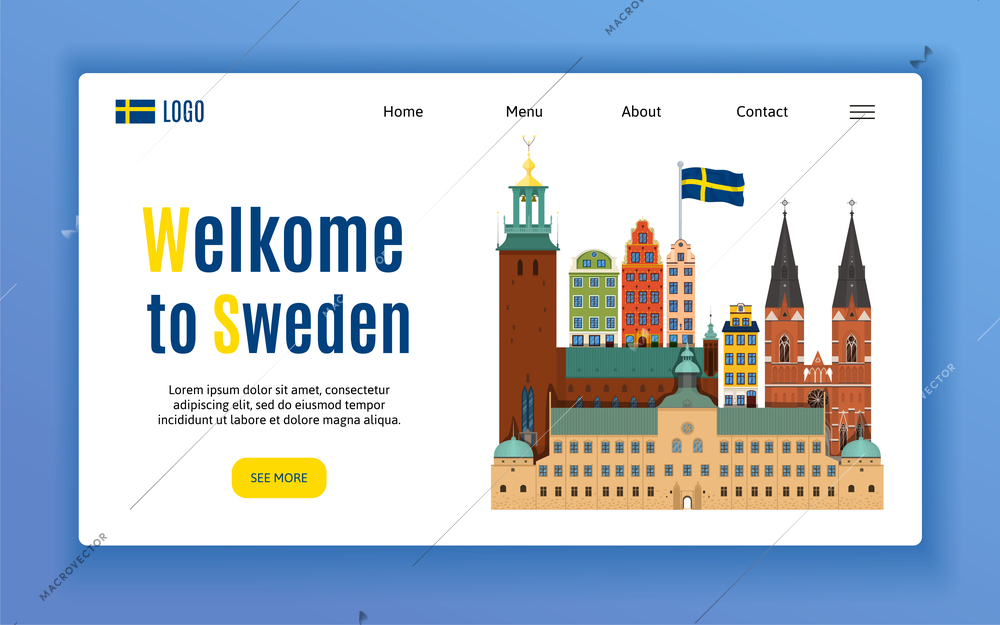 Sweden touristic page design with culture symbols flat vector illustration