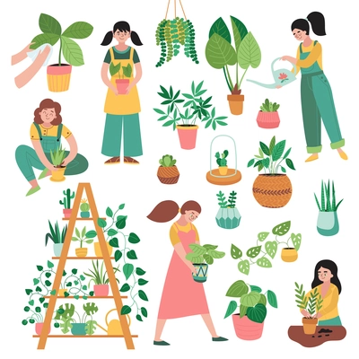 Home plants icon set with green plants in pods women caring for seedlings and flowers vector illustration