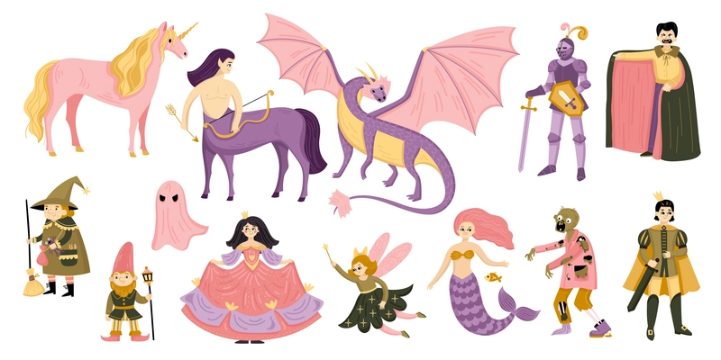 Fairy tale color icon set with dragon prince zombie fairytale and other characters in pink color vector illustration