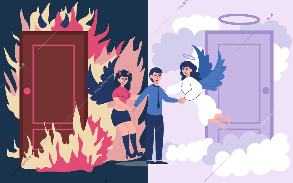 Angels devil flat composition divided to dark and bright parts with mythical characters fighting for person vector illustration