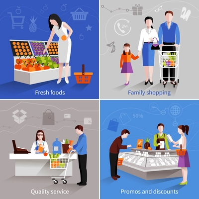 People in supermarket design concept set with fresh fruits family shopping quality service promos and discounts flat icons isolated vector illustration