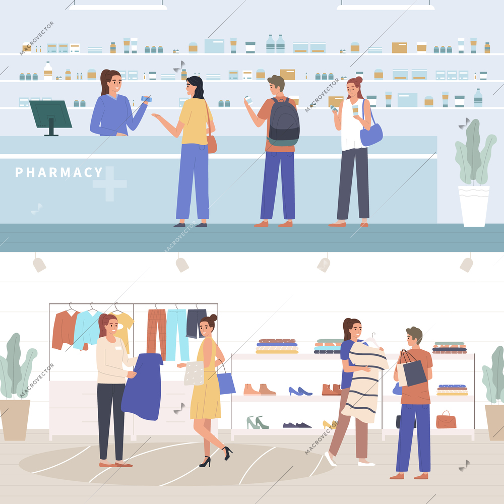 Retail sellers and customers flat banners with staff consulting buyers in pharmacy and fashion shop vector illustration