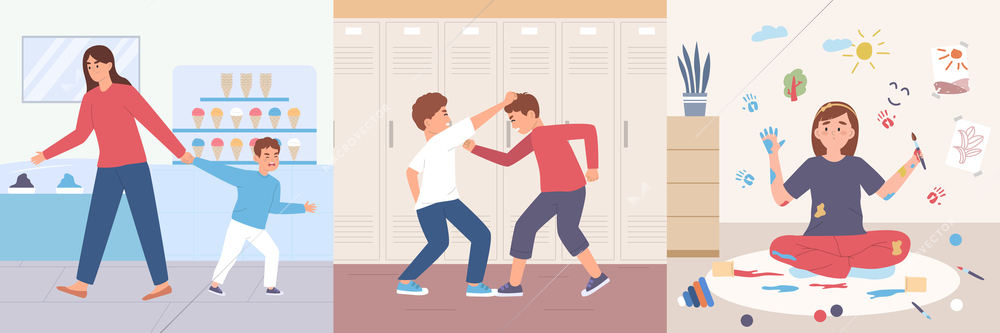 Kids bad behavior three square compositions on theme of aggression disobedience slovenliness flat vector illustration