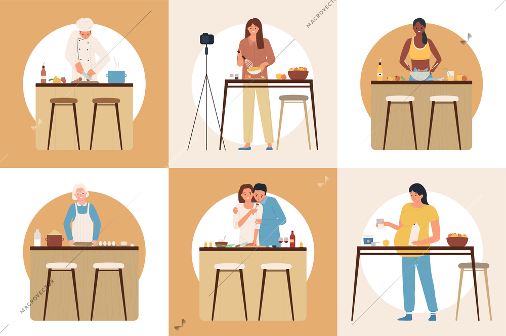 Preparing food flat design concept set of six square icons with male and female characters cooking on kitchen isolated vector illustration