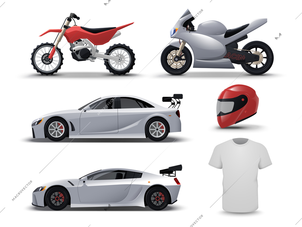 Racing vehicle and apparel mockup realistic set with isolated blank motorbikes cars t shirt and helmet vector illustration