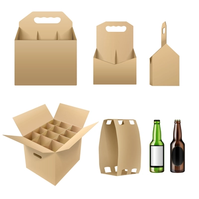 Realistic set of brown carrier box package mockup for different count of beer bottles isolated vector illustration