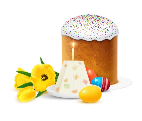 eastern orthodox easter realistic composition with traditional sweet cake paskha dyed eggs and spring flowers vector illustration