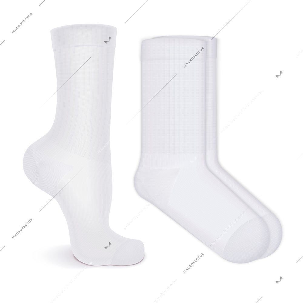 Realistic pair of white mid calf knitted wool socks and sock worn on leg isolated  vector illustration