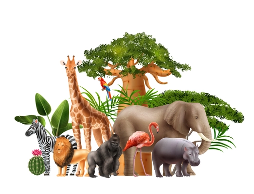 Realistic africa composition with isolated view of giant trees and tropical plants with exotic wild animals vector illustration