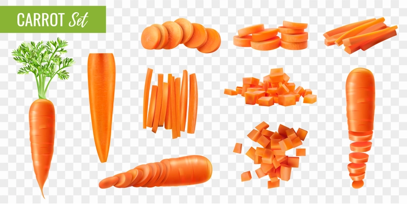 Set with realistic carrot icons on transparent background with isolated images of slices sticks and cubes vector illustration